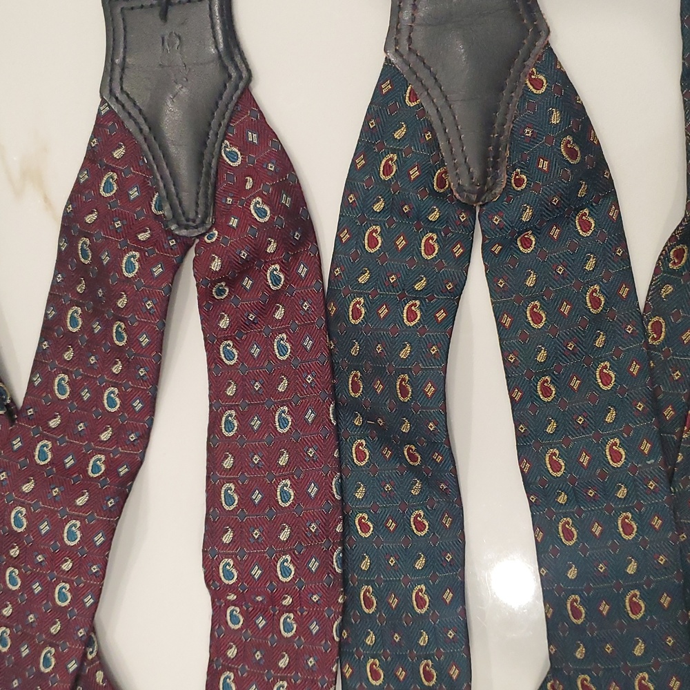 2 Vintage Polo Ralph Lauren Silk Suspenders Braces Burgandy & Green Paisley